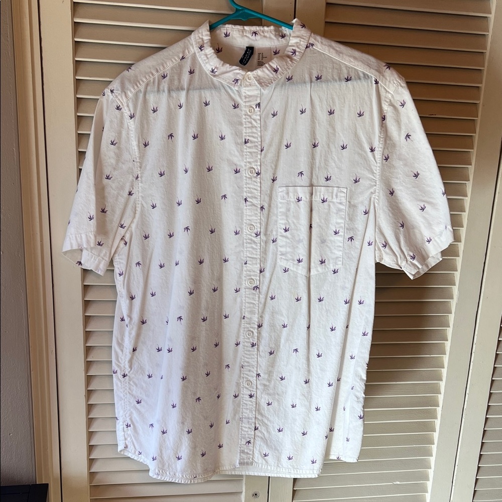 Divided White Resort Shirt with Purple Palm trees